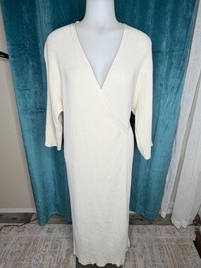 Everlane Cream Ribbed Knit Wrap Around  Midi Dress